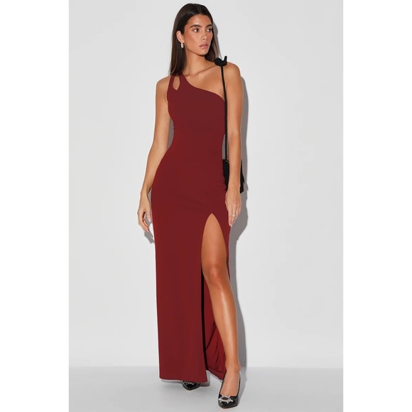 simply beautiful burgundy one-shoulder cutout maxi dress Burgundy One Shoulder Satin Maxi Dress